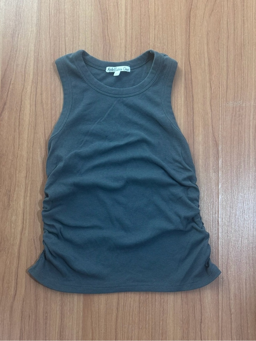 Rebellious One Slate Blue Side Ruched Ribbed Tank Top S